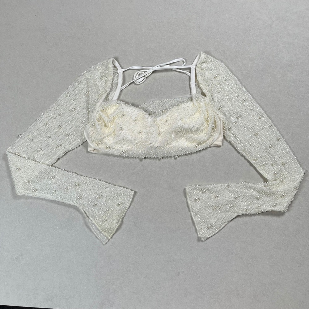 Oh Polly La Desirade Pearl Embellished Crop Top Women 4 White Mesh Coquette